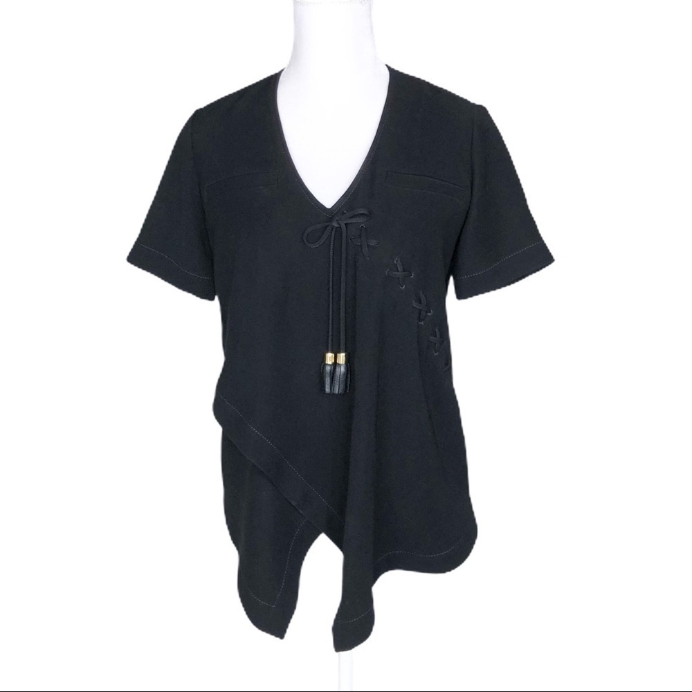 Altuzarra black diagonal lace tassel tie tunic top v-neck short sleeves small 34